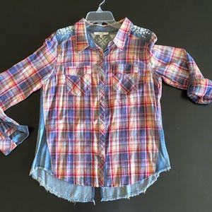 Miss Me • EUC • cotton long sleeve • plaid front • solid back w embroidery
